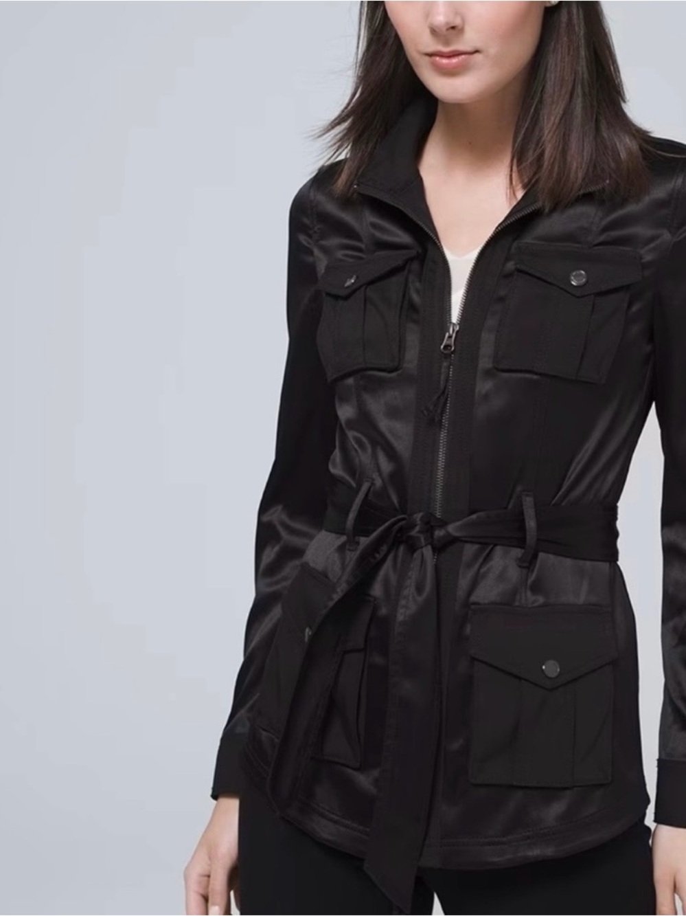 White House Black Market Satin Tie-Waist Black Jacket